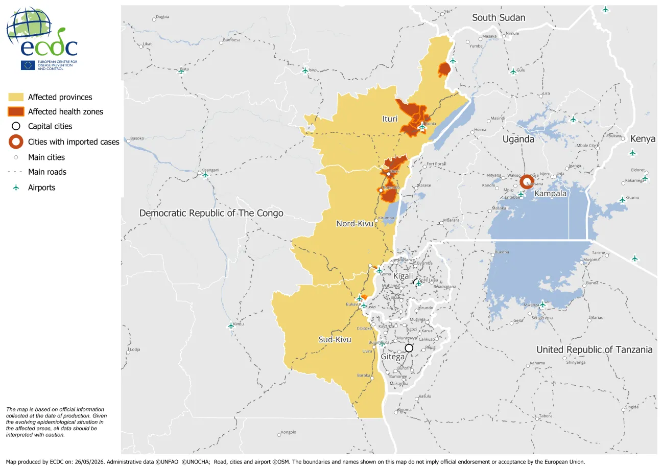 Areas affected by the ongoing Ebola disease outbreak