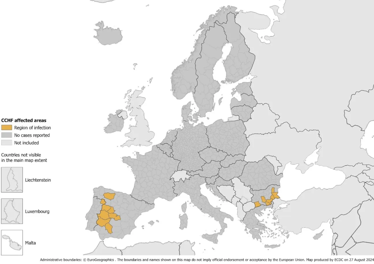 Regions of infection (in orange) for Crimean-Congo haemorrhagic fever cases infected via tick bites, EU/EEA, 2013–present
