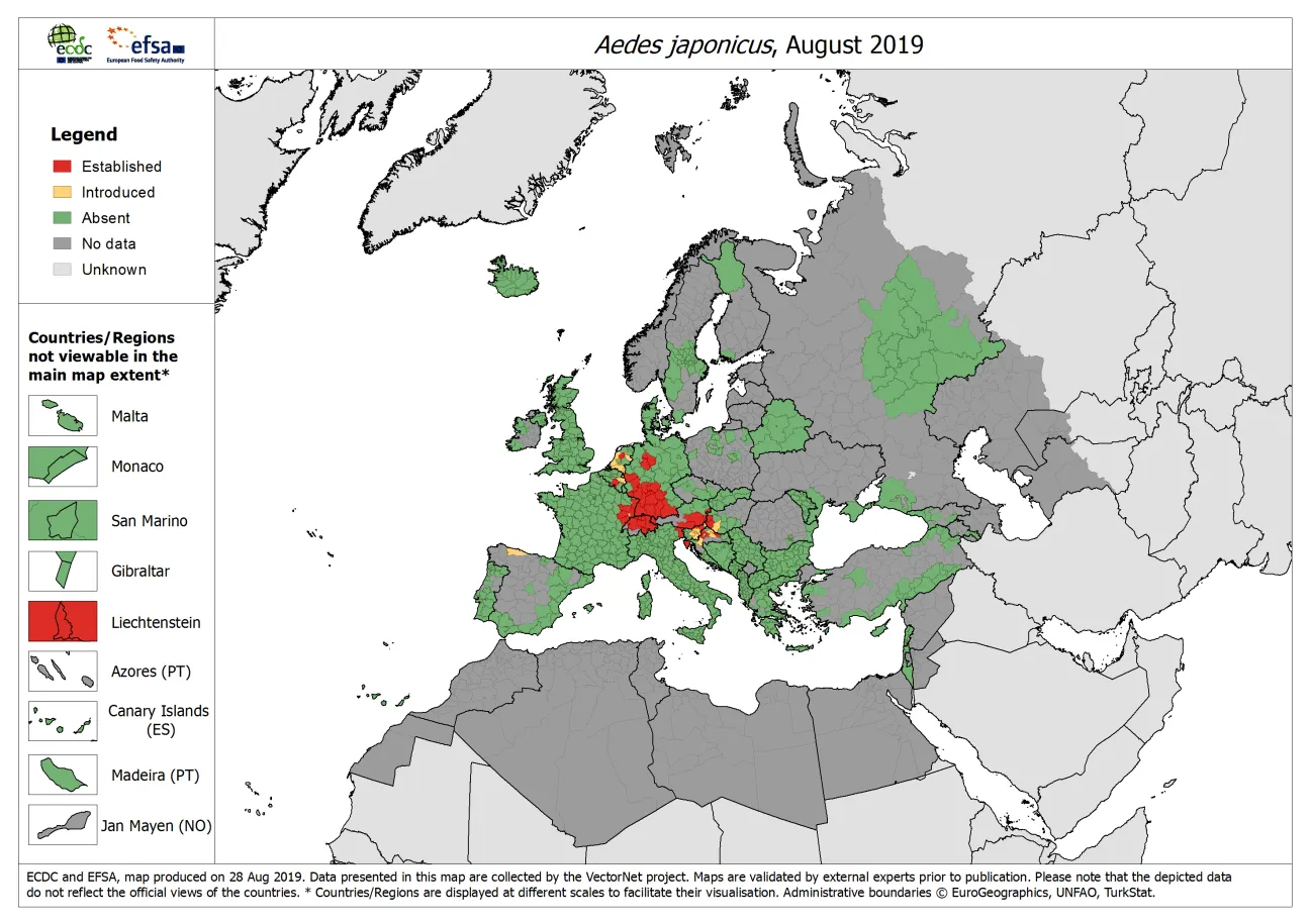 Aedes japonicus - current known distribution: August 2019