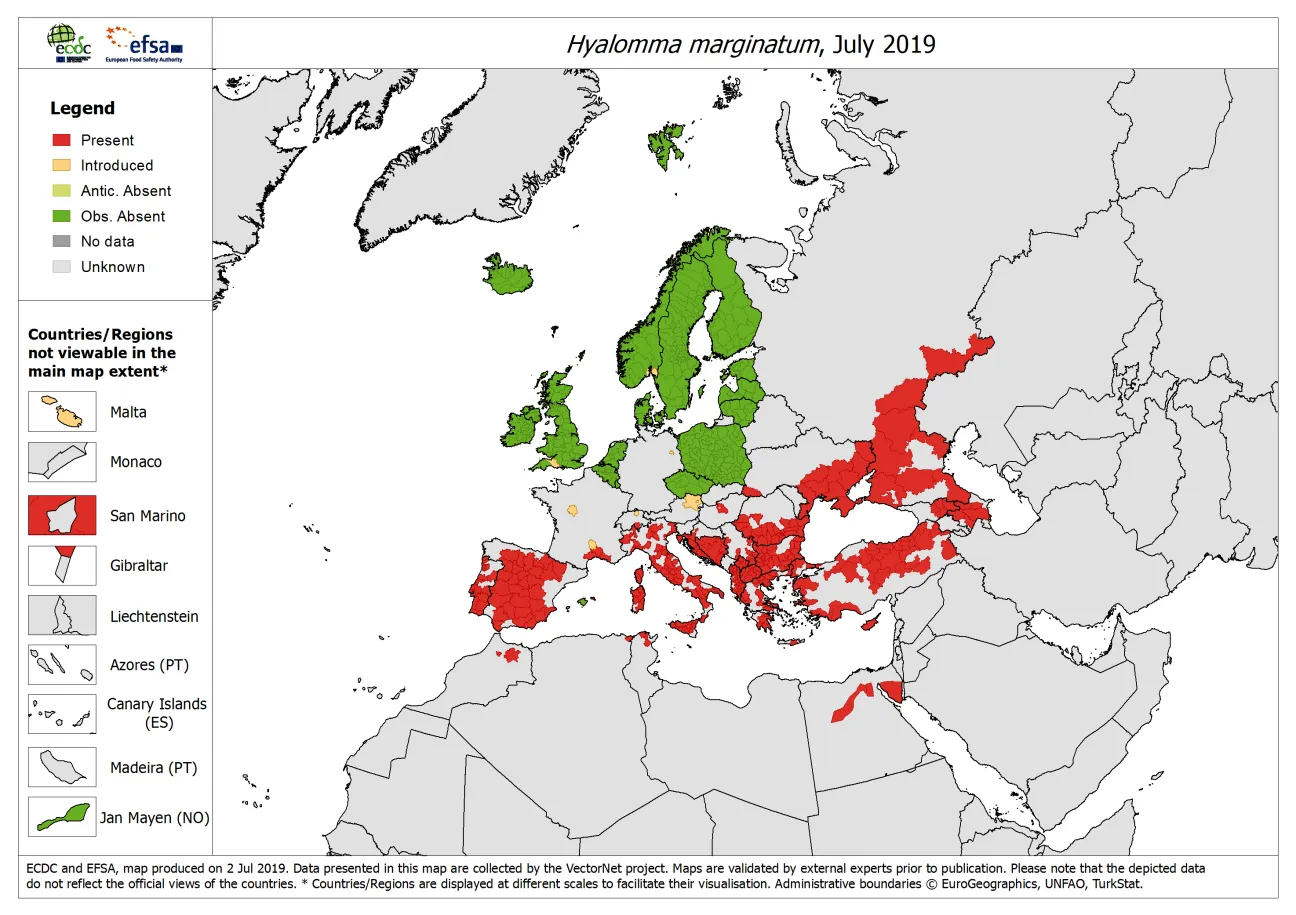 Map, Hyalomma marginatum - current known distribution: July 2019