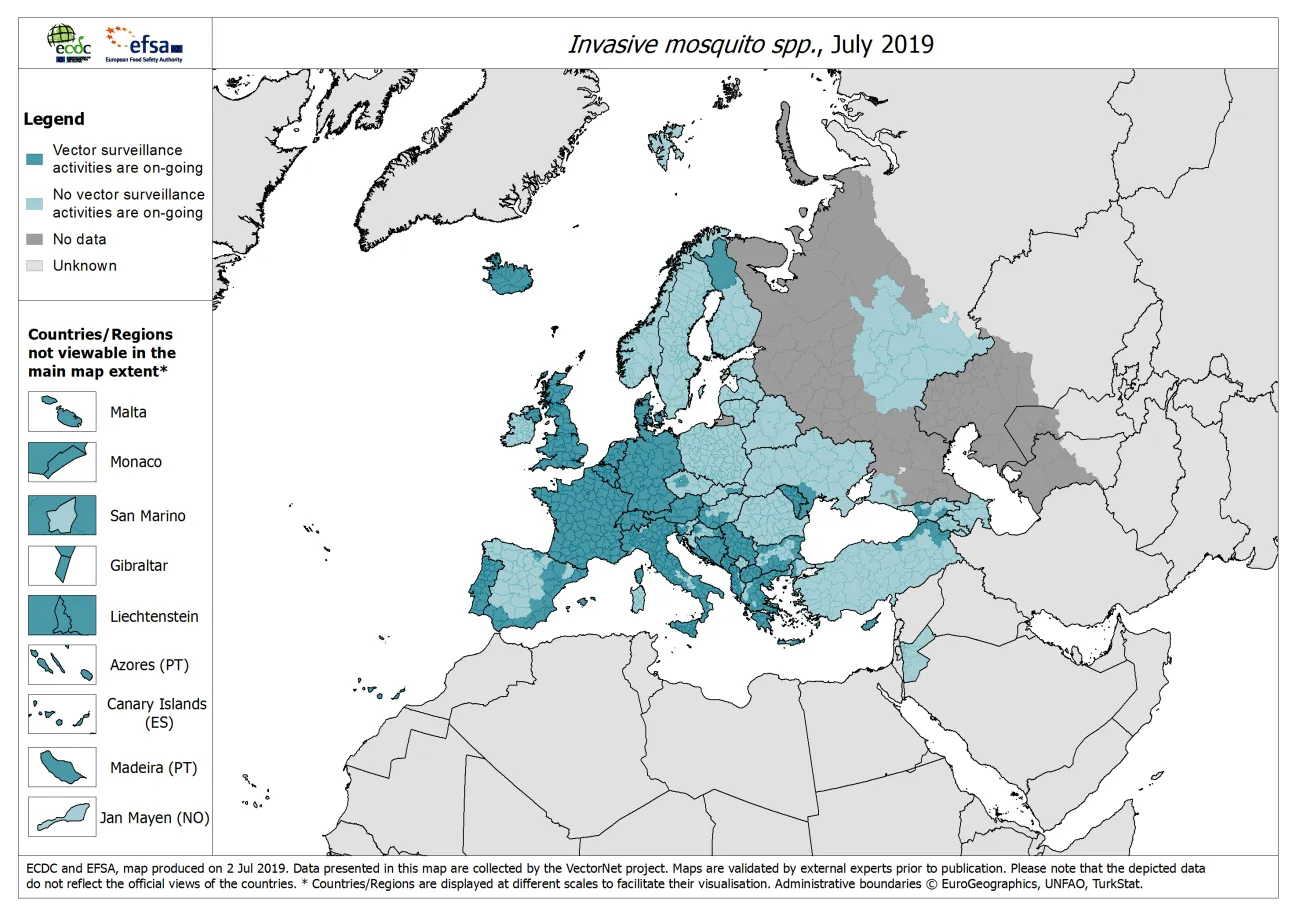 Map, Invasive mosquito spp. - current known surveillance: July 2019