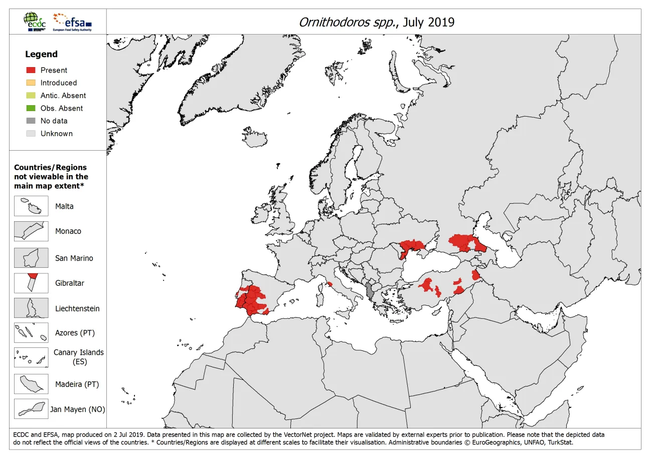 Ornithodoros - current known distribution: July 2019