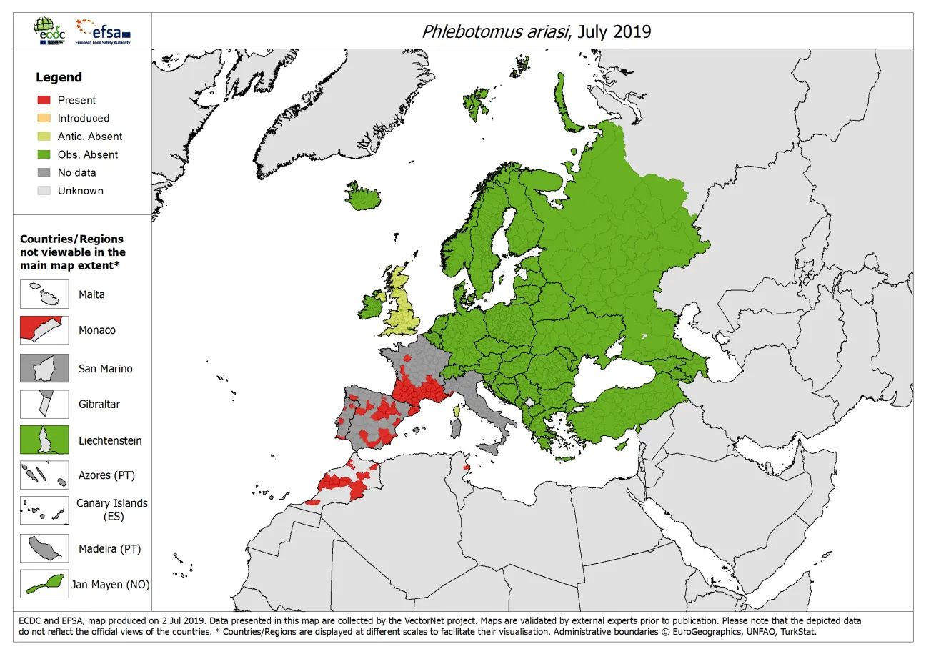 Phlebotomus ariasi - current known distribution: July 2019