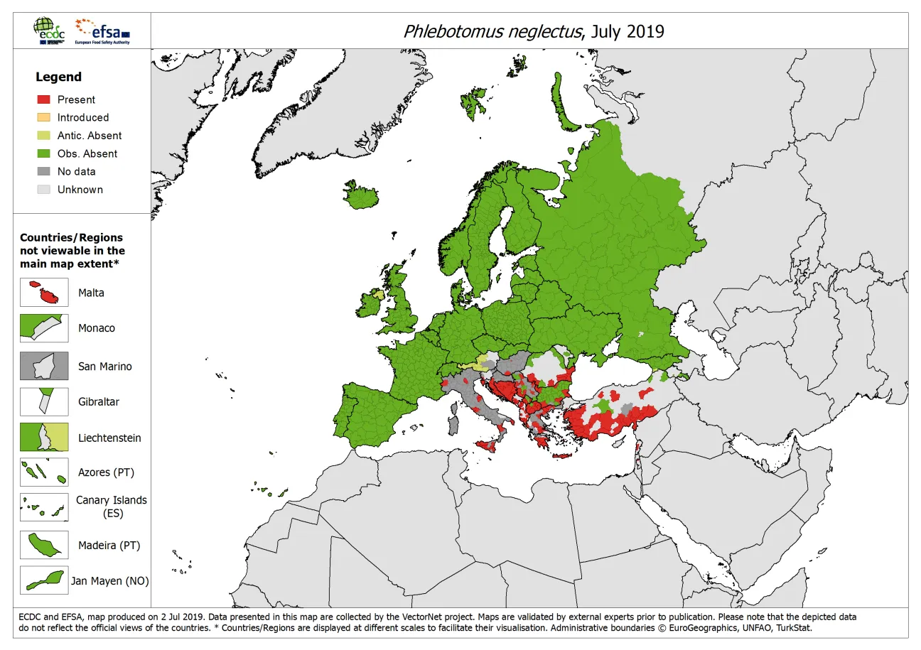 Phlebotomus neglectus - current known distribution: July 2019