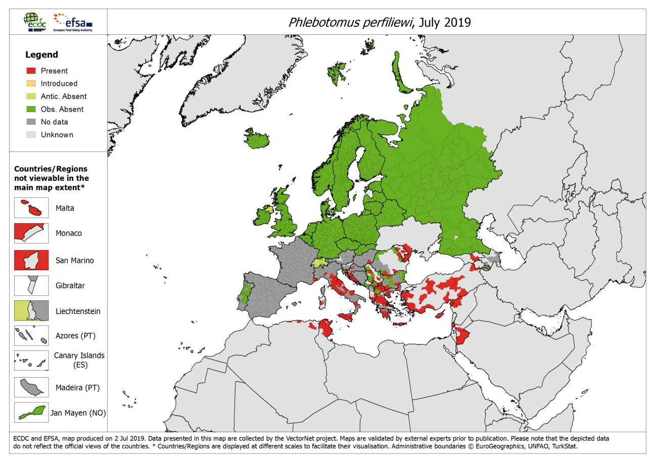 Map, Phlebotomus perfiliewi - current known distribution: July 2019