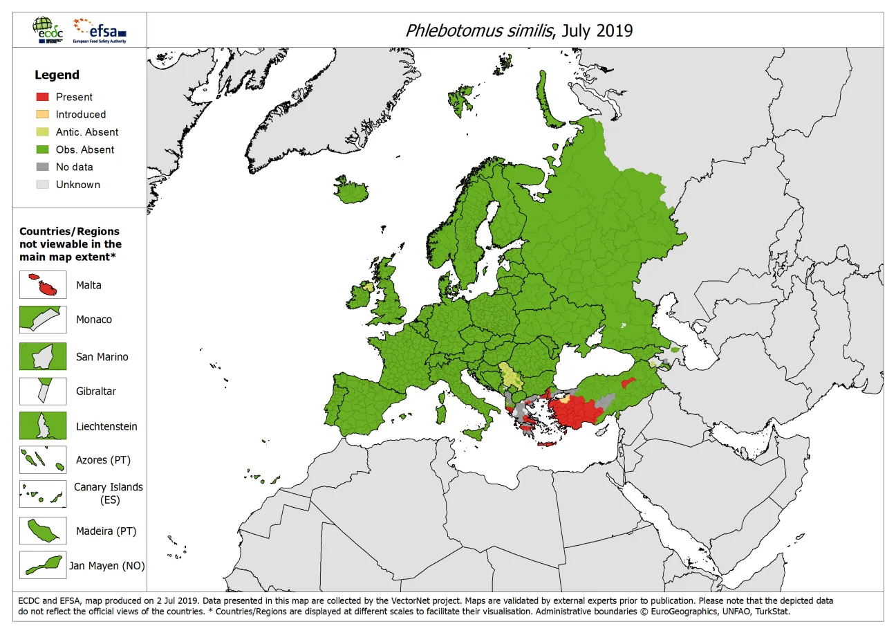 Map, Phlebotomus similis - current known distribution: July 2019