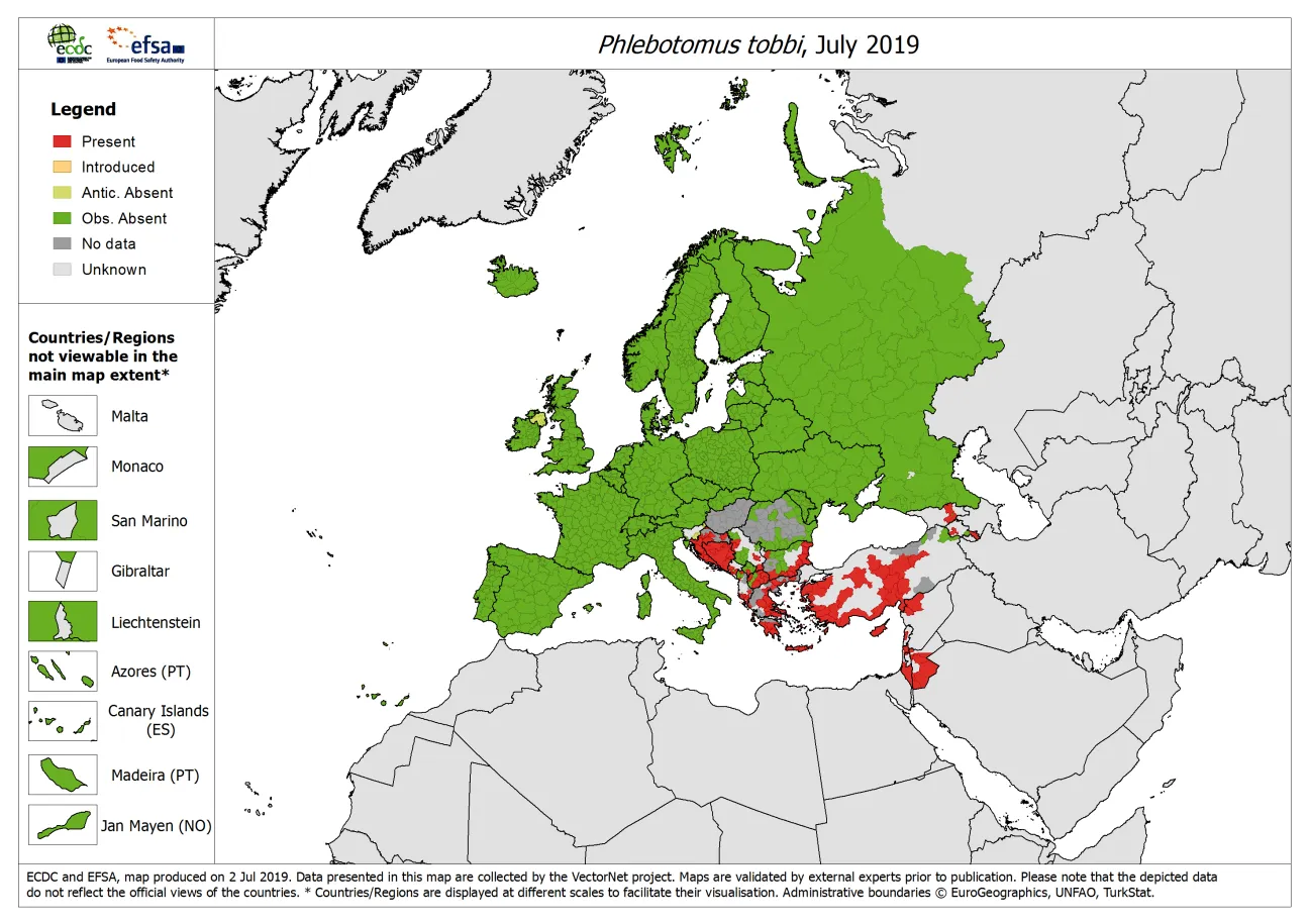 Phlebotomus tobbi - current known distribution: July 2019