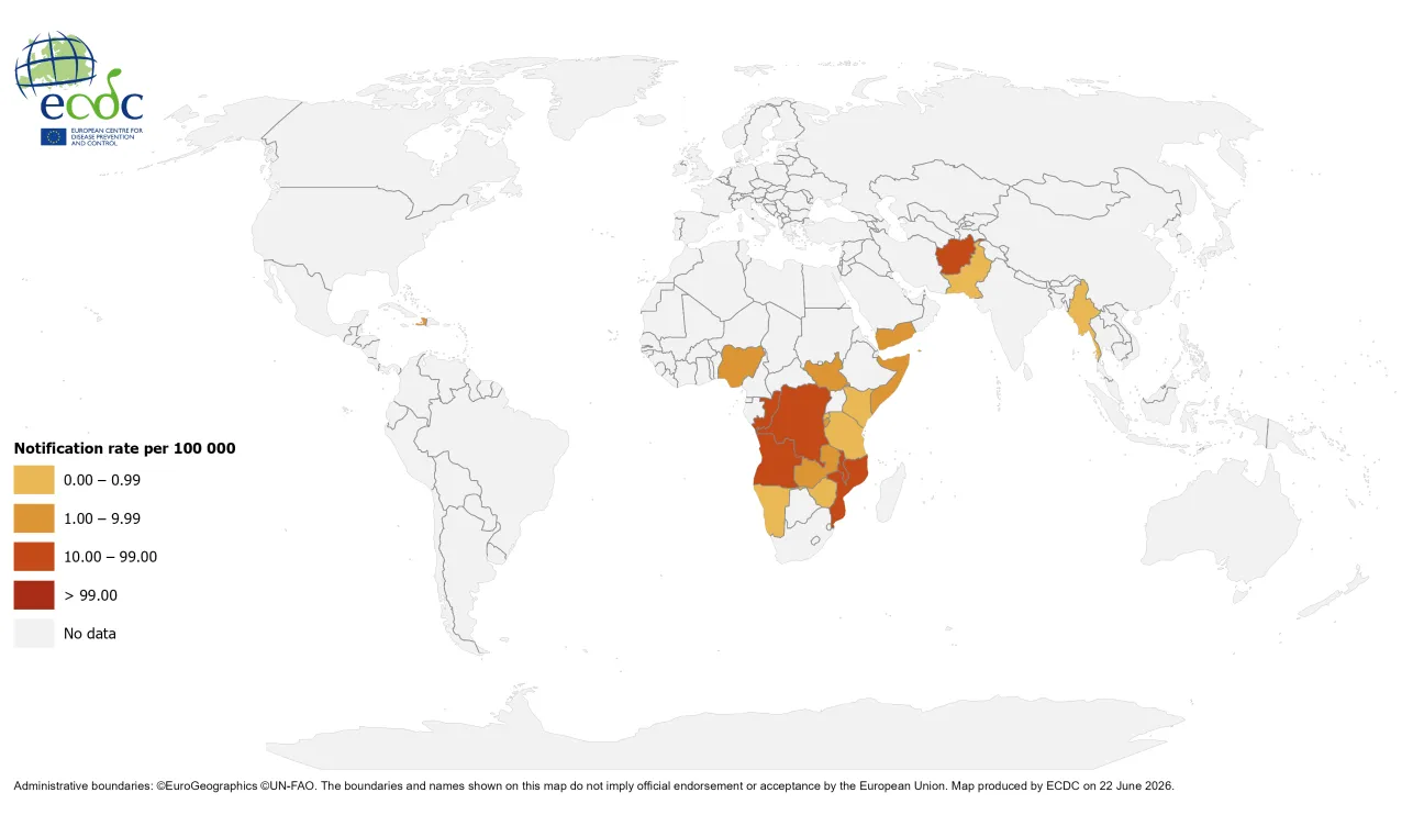 Geographical distribution of cholera cases reported worldwide from April to June 2026