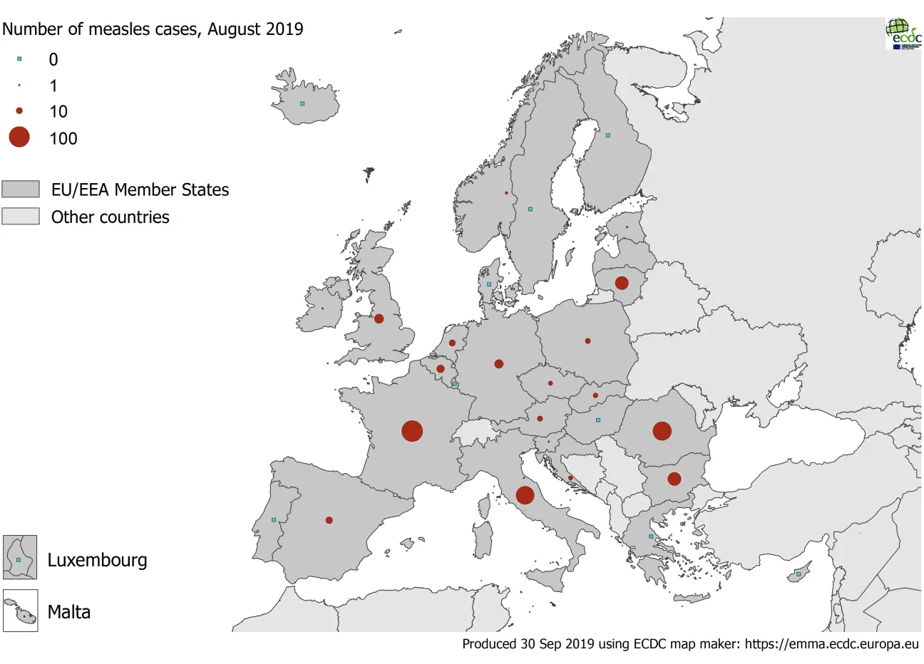 Number of measles cases in EU/EEA in August 2019