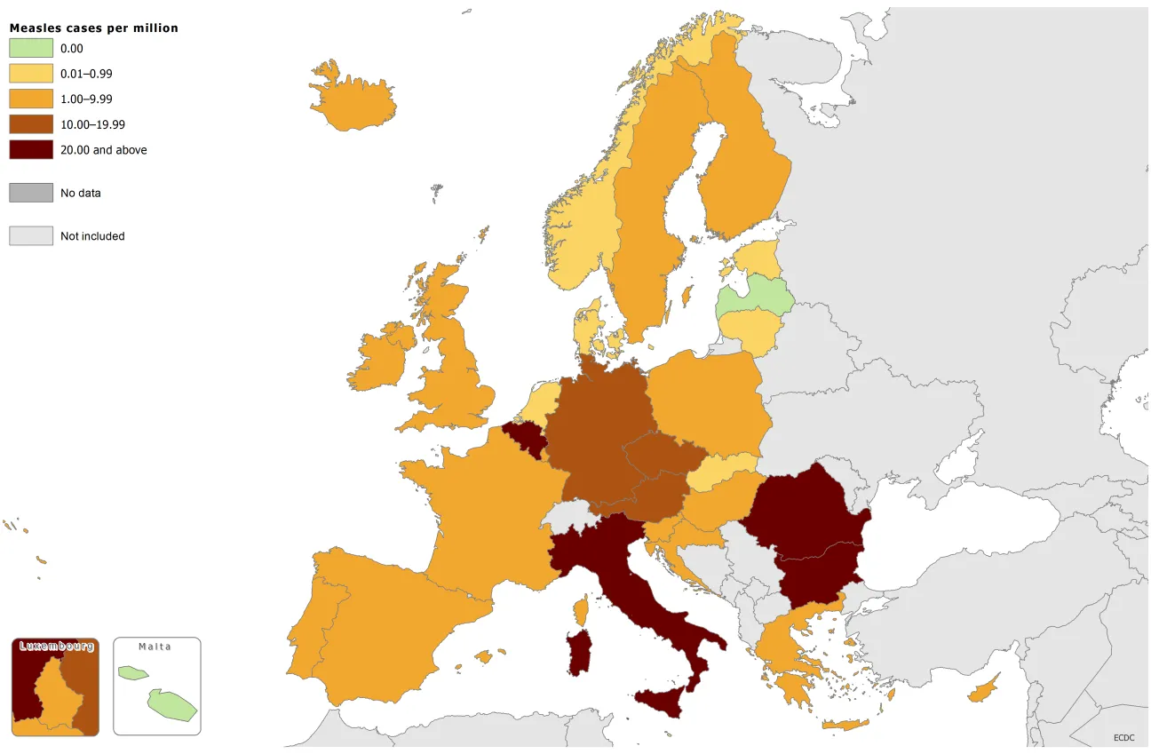 Measles notification rate per million population by country, 1 July 2016 - 30 June 2017 EU/EEA countries