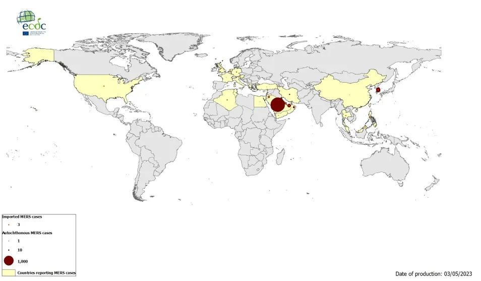 Geographical distribution of confirmed cases of MERS-CoV, by reporting country, April 2012 – April 2023