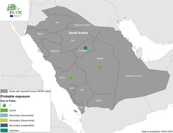 Geographical distribution of confirmed cases of MERS-CoV in Saudi Arabia by probable region of infection and exposure, from 1 January 2022 to 9 January 2023