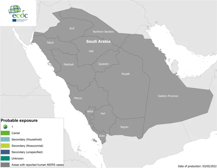 Geographical distribution of confirmed MERS-CoV cases by country of infection and year, from 1 January-3 May 2022