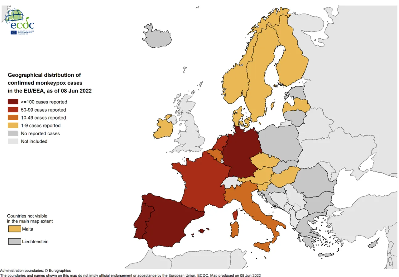 Geographical distribution of confirmed cases of MPX in EU/EEA countries, as of 8 June 2022