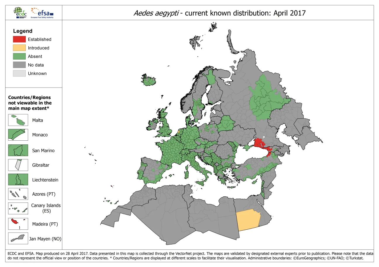 Map of Aedes Aegypti distribution in Europe, as of April 2017
