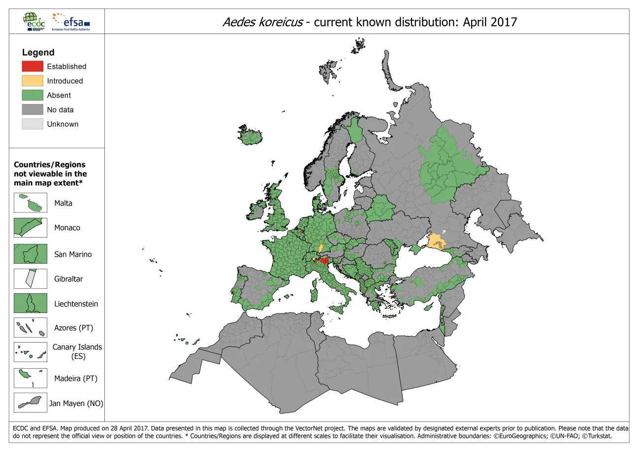 Map of Aedes koreicus distribution in Europe, as of April 2017