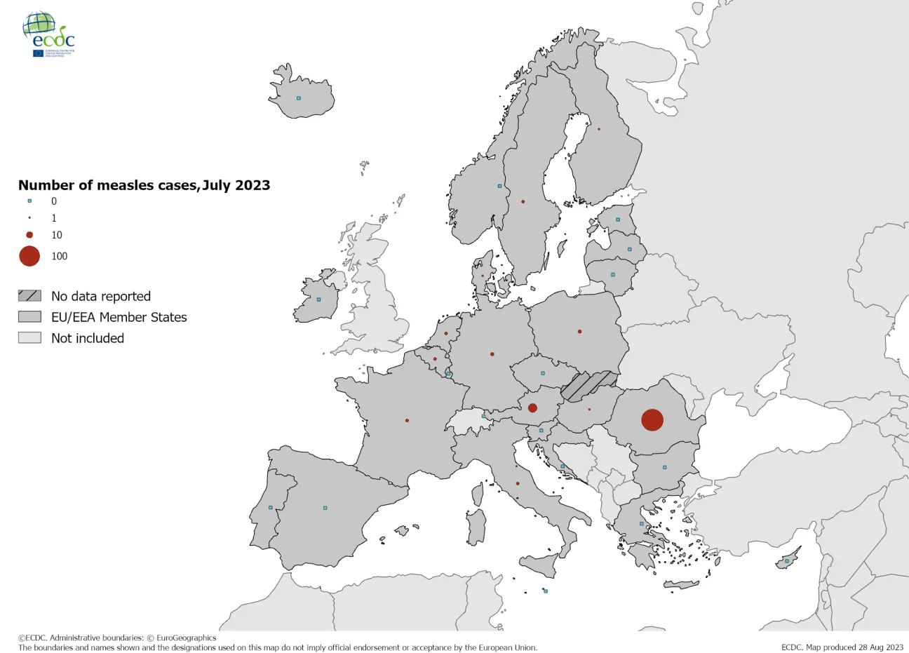 Number of measles cases by country, July 2023