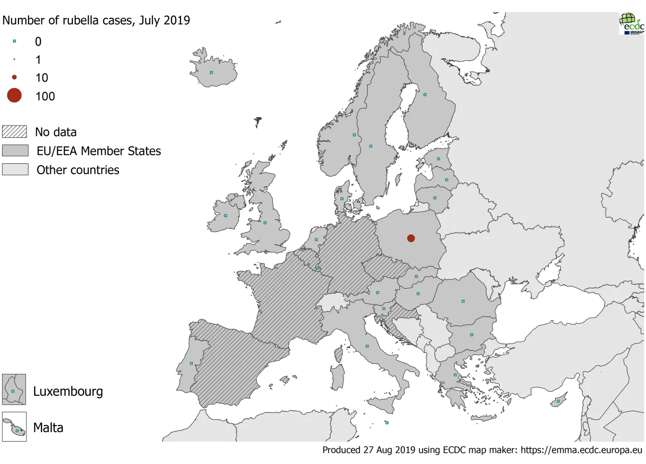 Number of rubella cases in EU/EEA in July 2019