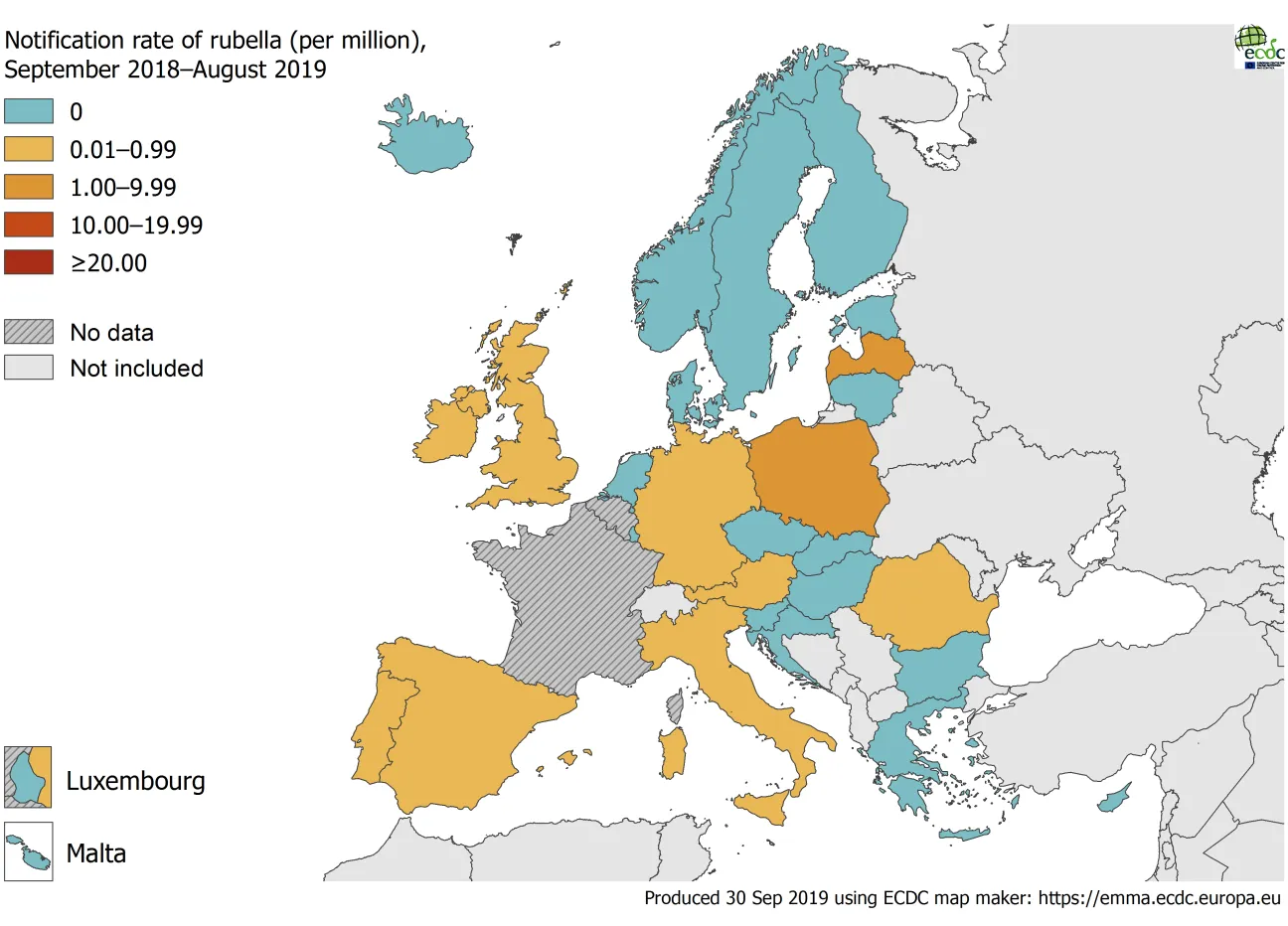 Rubella notification rate per million population by country, September 2018 - August 2019