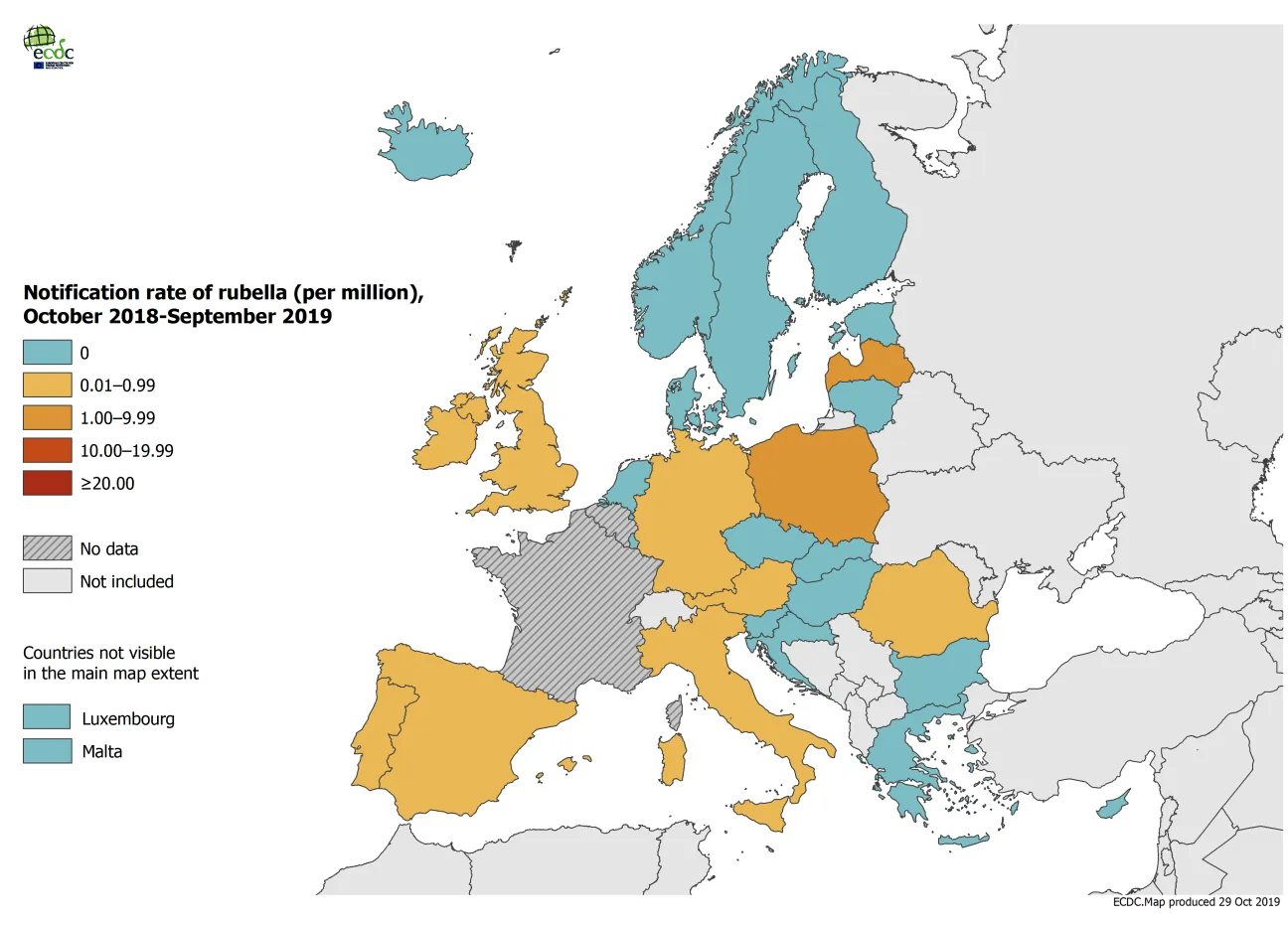 Rubella notification rate, from October 2018 to September 2019