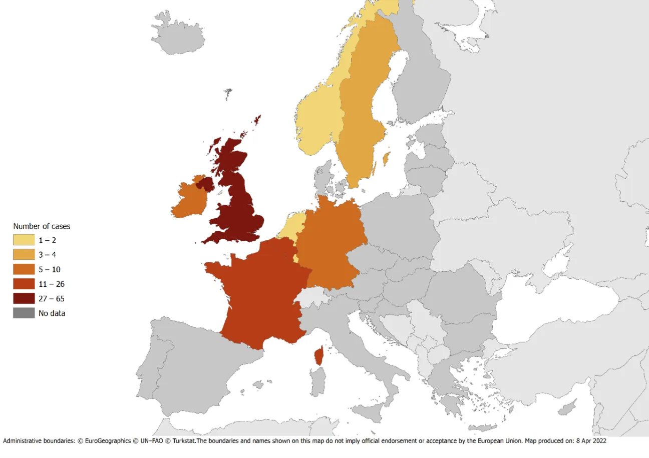 Geographical distribution of confirmed and probable cases of monophasic S. Typhimurium in the EU/EEA and the UK, as of 8 April 2022