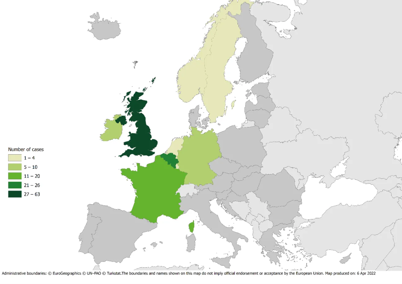 Geographical distribution of confirmed and probable cases of monophasic S. Typhimurium in the EU/EEA and the UK, as of 5 April 2022