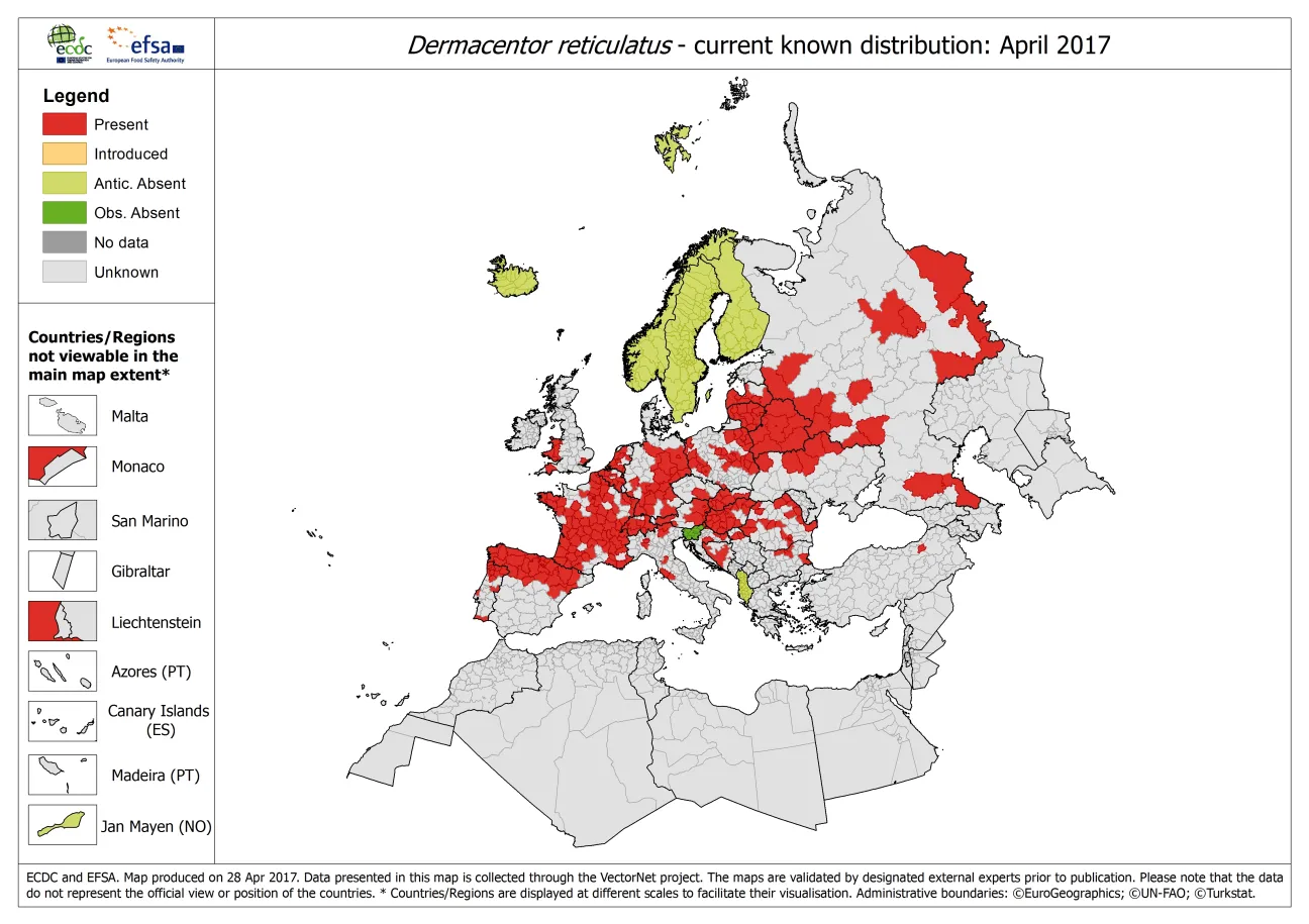 Map of the distribution of Dermacentor reticulatus ticks in Europe, as of April 2017