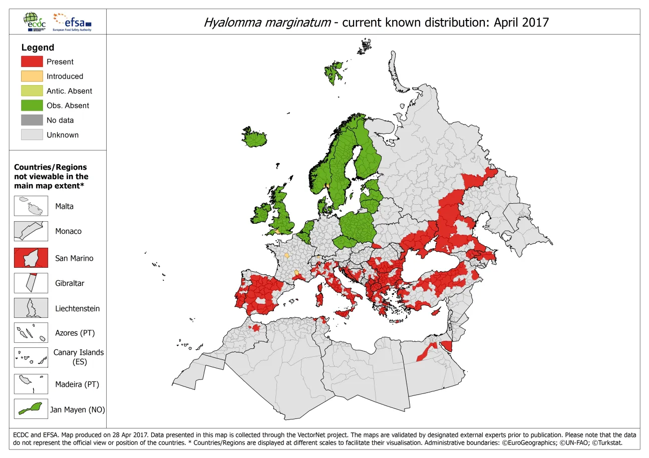 Map of the distribution of Hyalomma Marginatum ticks in Europe, as of April 2017
