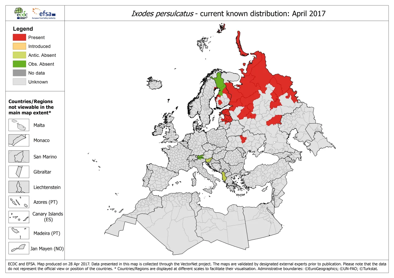 Map of the distribution of Ixodes persulcatus ticks in Europe, as of April 2017