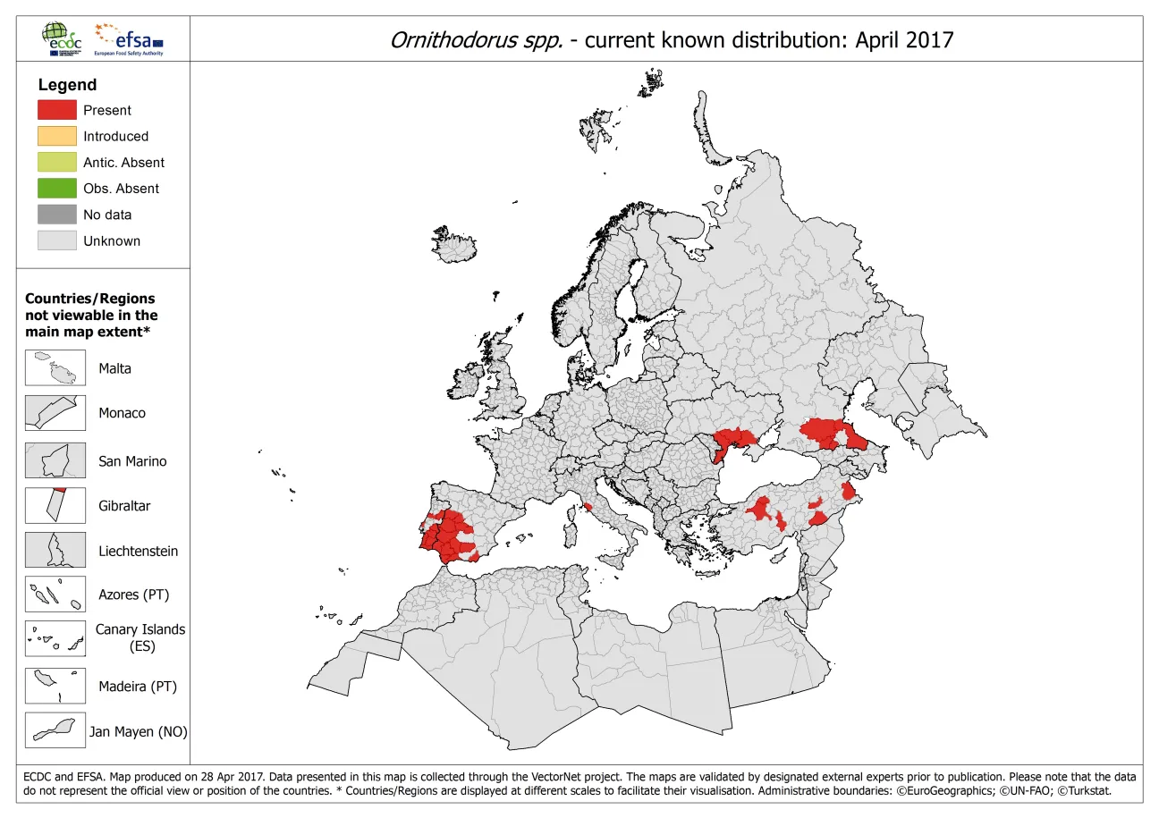 Map of the distribution of Ornithodorus spp. ticks in Europe, as of April 2017
