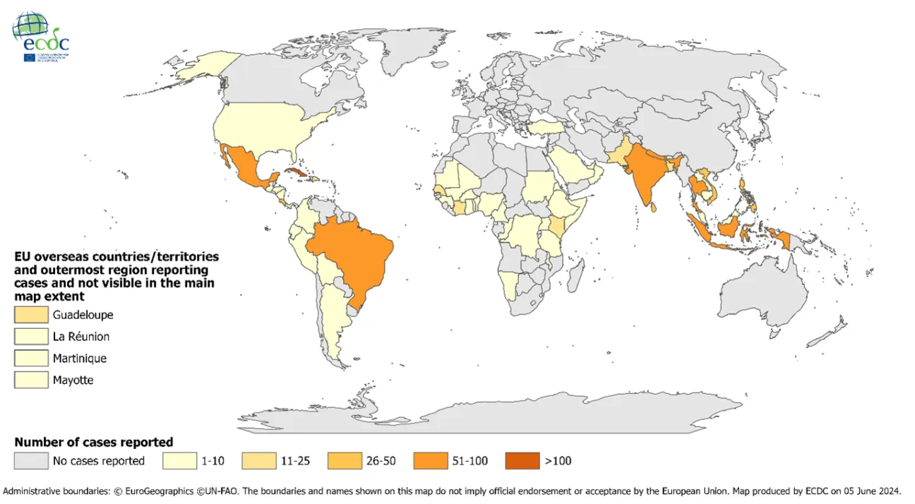 Figure 1. Distribution of travel-associated dengue cases reported to ECDC, by place of infection, 2022