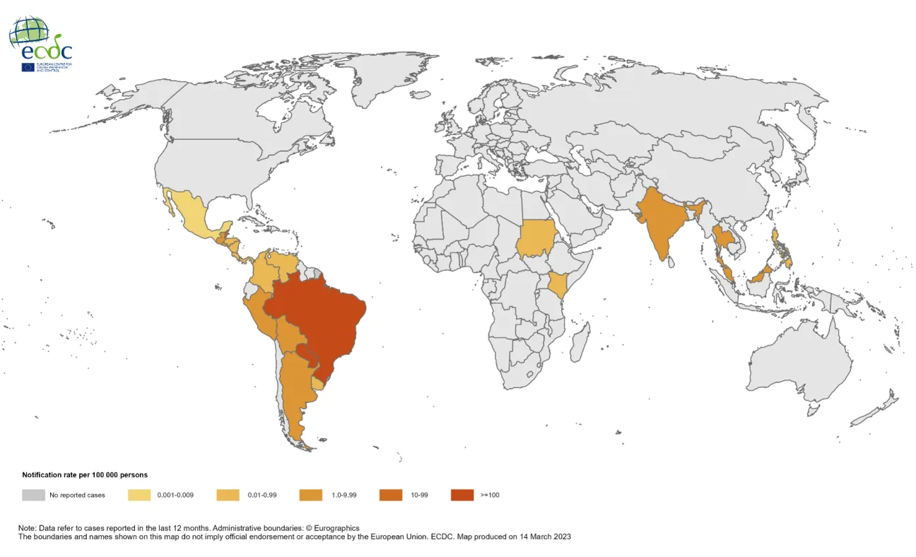 Twelve-month chikungunya virus disease case notification rate per 100 000 population, April 2022 - March 2023