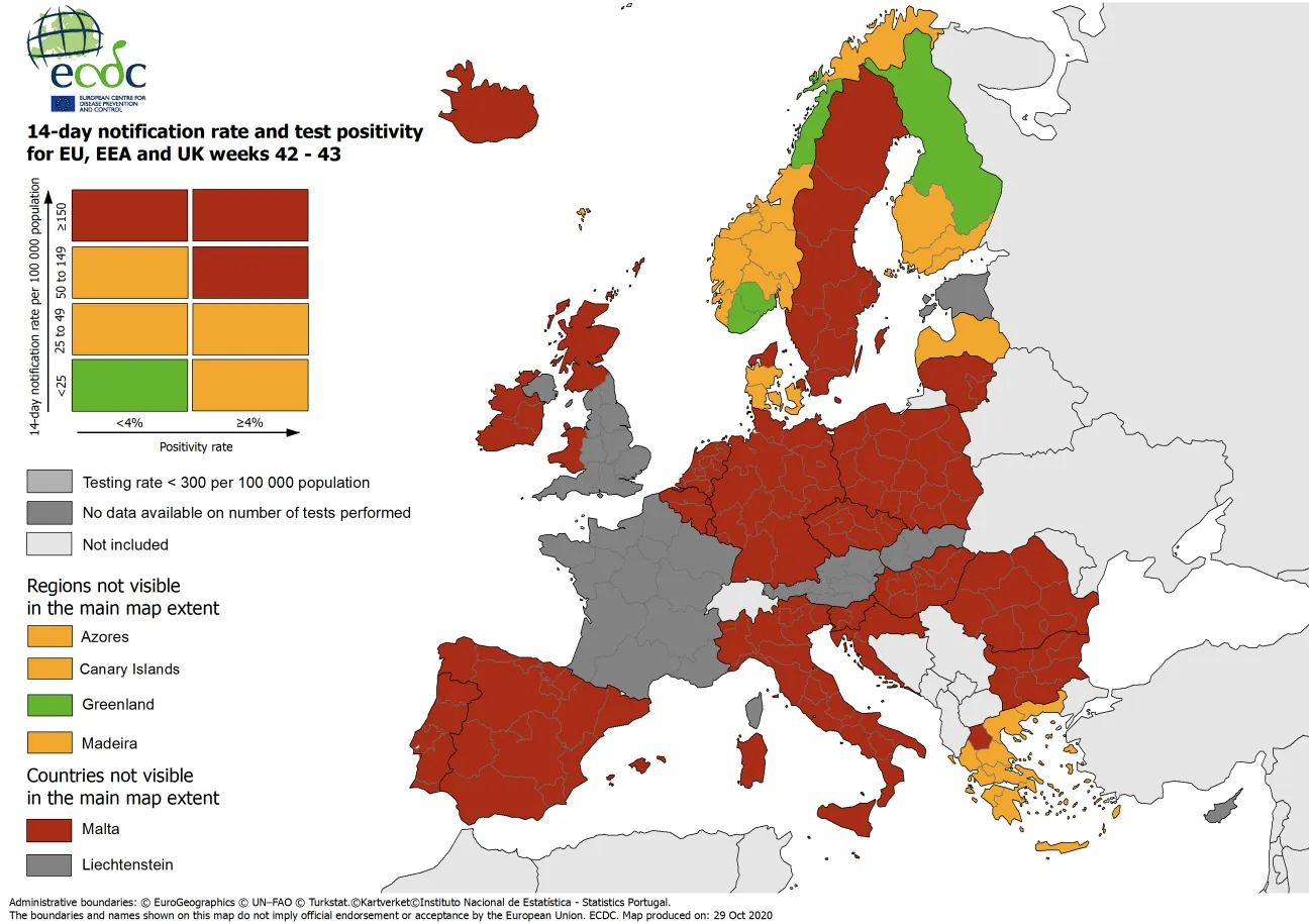 Combined indicator: 14-day notification rate, testing rate and test positivity, updated 29 October 2020