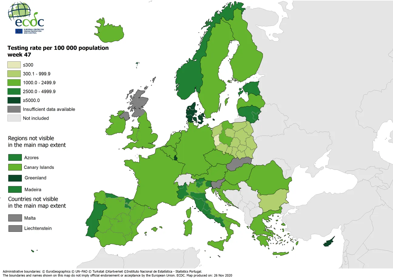 Testing rates per 100 000 inhabitants, updated 26 November 2020
