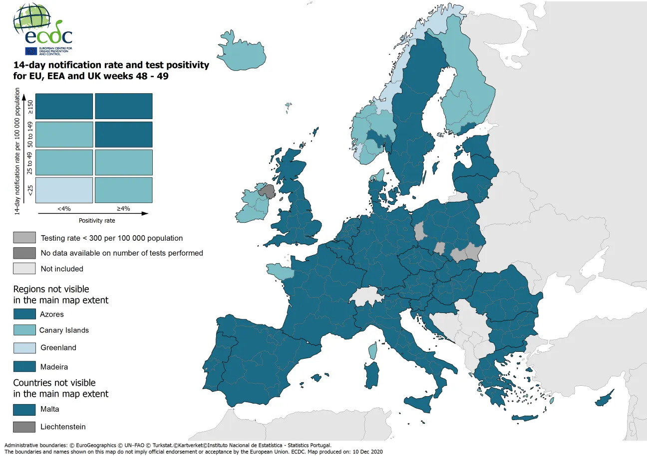 Combined indicator: 14-day notification rate, testing rate and test positivity, updated 10 December 2020 (colour-blind friendly)