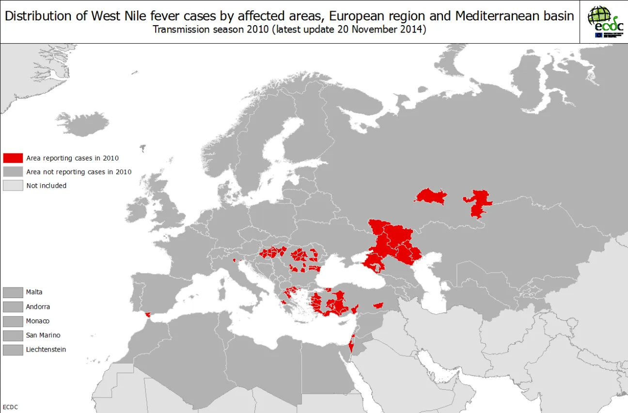 West Nile fever transmission season 2010 - Distribution of West File fever cases by affected areas European region and Mediterranean basin 