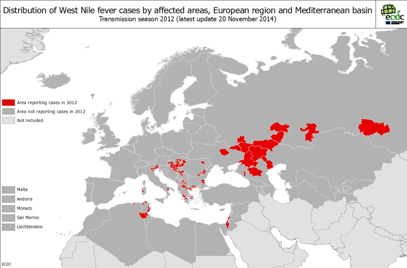 West Nile fever transmission season 2012 - Distribution of West File fever cases by affected areas European region and Mediterranean basin 