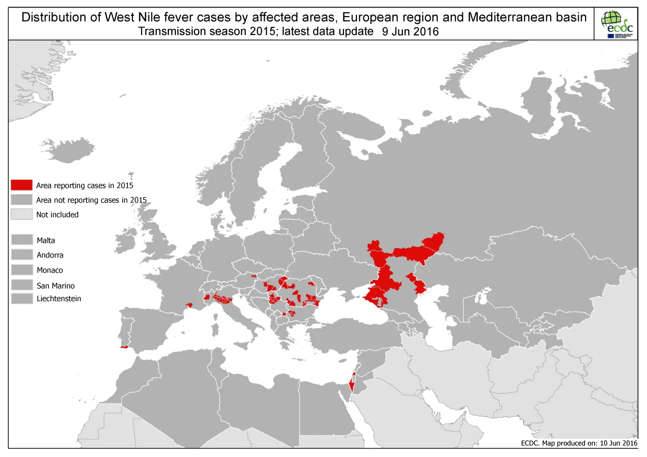 West Nile fever transmission season 2015 - Distribution of West File fever cases by affected areas European region and Mediterranean basin