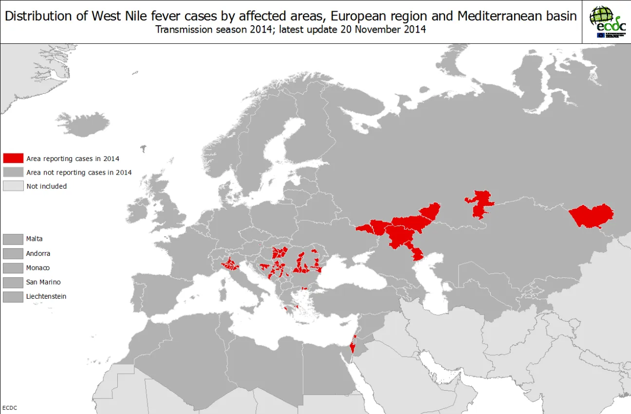 West Nile fever transmission season 2014 - Distribution of West File fever cases by affected areas European region and Mediterranean basin
