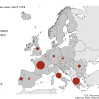 Distribution of measles cases by country, March 2018 in EU/EEA countries