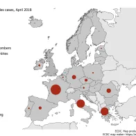 Distribution of measles cases by country, April 2018 in EU/EEA countries