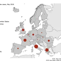 Distribution of measles cases by country, May 2018 in EU/EEA countries