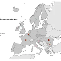 Number of measles cases by country, EU/EEA, November 2019 (n=232)