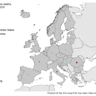 Number of measles deaths by country, EU/EEA, 1 May 2018–30 April 2019 (n=13)