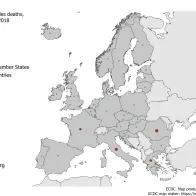 Map showing the number of measles deaths by country, EU/EEA, 1 July 2017–30 June 2018 