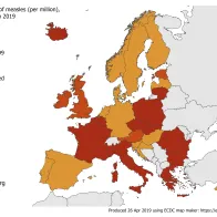 Measles notification rate per million population by country, EU/EEA, 1 April 2018 to 31 March 2019