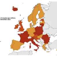 Measles notification rate per million population by country, EU/EEA, 1 December 2018–30 November 2019