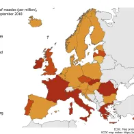 Measles notification rate per million population by country, EU/EEA, 1 October 2017 to 30 September 2018 