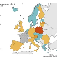 Rubella notification rate per million population by country, 1 June 2017 – 31 May 2018, EU/EEA countries