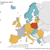 Rubella notification rate per million population by country, EU/EEA, 1 April 2018 to 31 March 2019